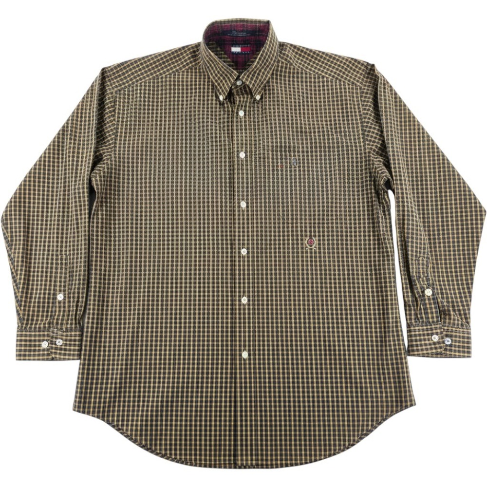 Tommy Hilfiger Mens Shirt XL Brown Plaid Cotton Crest Logo Button Down